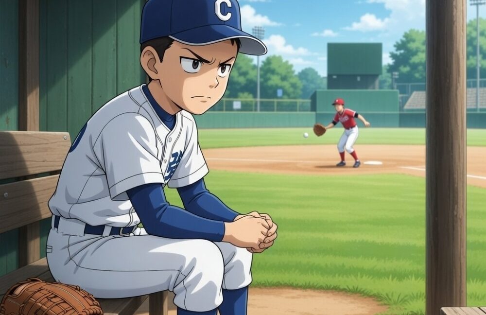 試合に出れなくて、悔しい顔の子ども