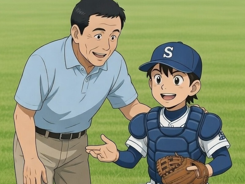 野球少年と父親が相談する姿