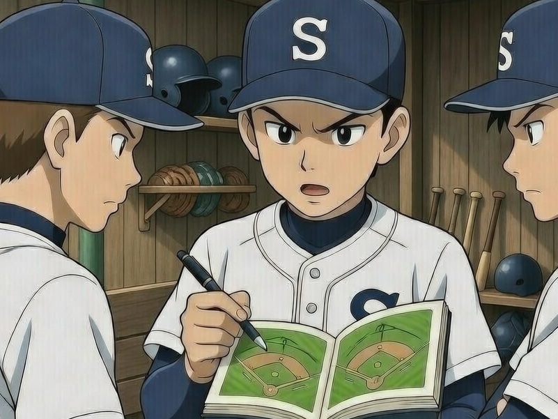 野球少年がみんなで作戦をしている姿
