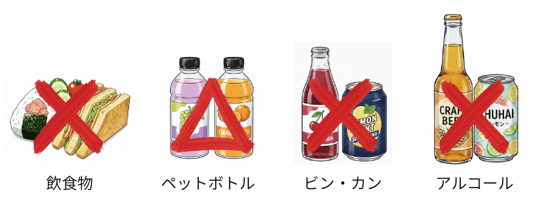 中日ドラゴンズ（バンテリンドーム）の持ち込みルール：飲食物は〇、ペットボトルは△（750mL以内のペットボトルをひとり1本まで）、ビン・缶は×、アルコールは✖