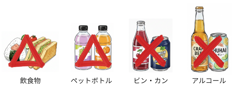 横浜DeNAベイスターズ（横浜スタジアム）の持ち込みルール：飲食物は△（健康上の理由による制限や乳幼児の食事等、然るべき理由がある場合に限り特定の飲食物の持込みが可能）・ペットボトル（1L以下の水筒またはペットボトル１本程度）は△、ビン・缶は×、アルコールは✖