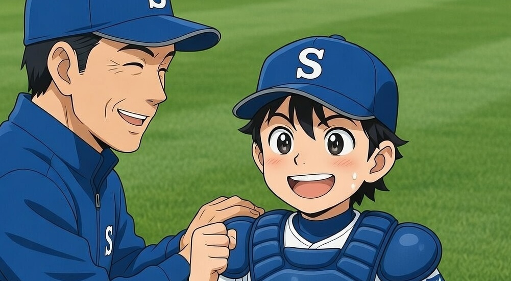 監督に褒められて喜ぶ野球少年