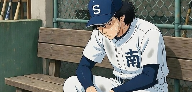 ベンチで疲れたようすのピッチャー画像