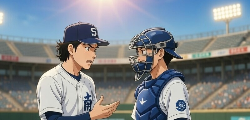 炎天下でピッチャーとキャッチャーが打ち合わせしている画像