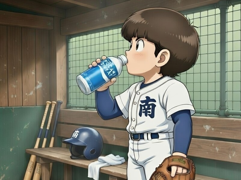 ポカリスエットで水分補給をする野球少年
