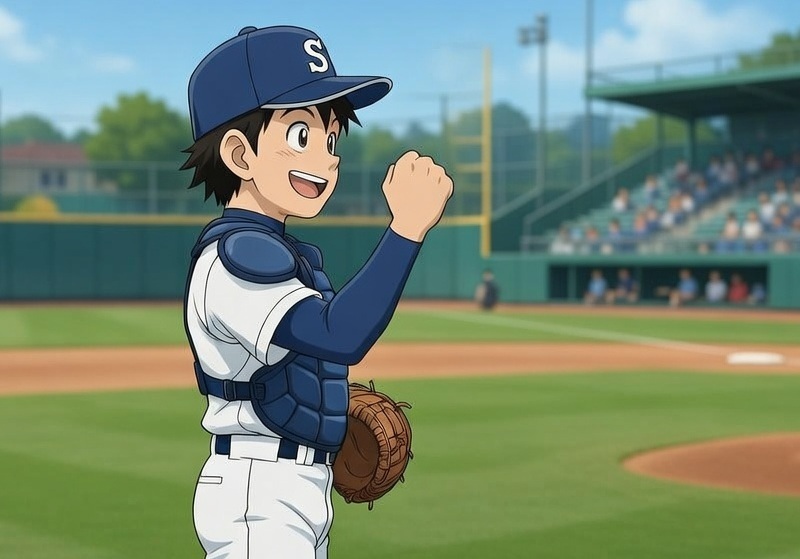 ガッツポーズで喜ぶ野球少年