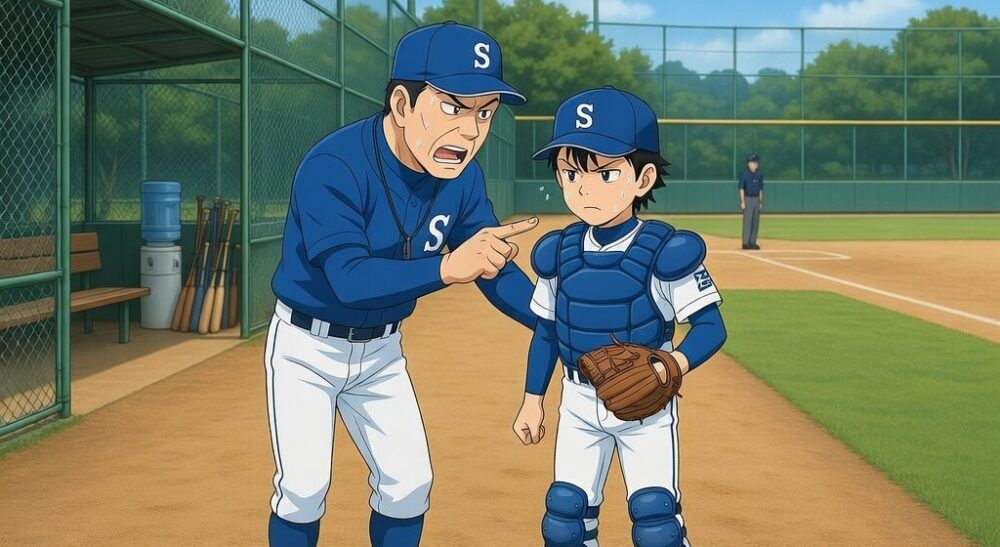 監督から厳しく指導を受ける野球少年
