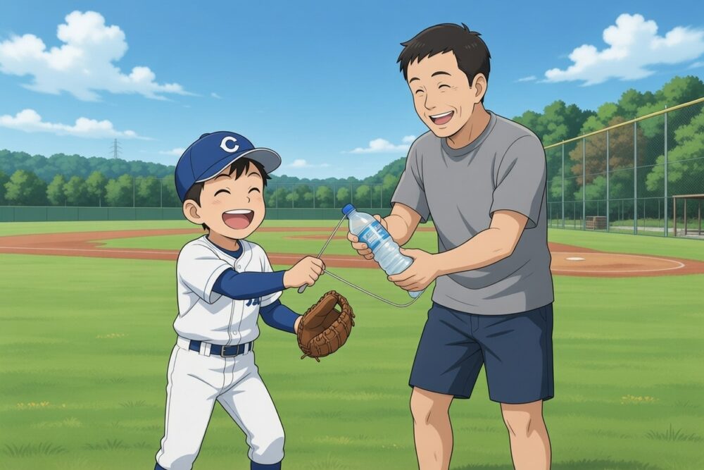親子で野球のトレーニングをしている